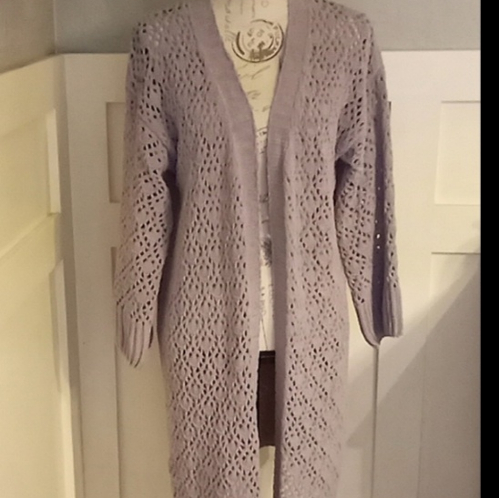 POL Taupe Gray Crochet Chenille Long Open Cardigan Sz S